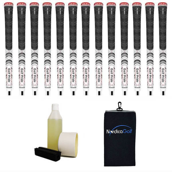 Golf Pride New Decade MultiCompound ALIGN Blanc Ribbed - kit de 13 grips, caoutchouc pour étau, solvant, adhésif et serviette.