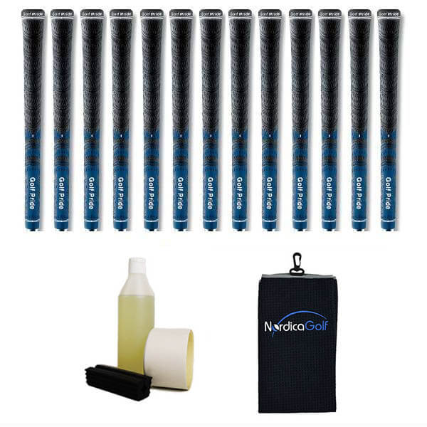 Golf Pride New Decade MultiCompound MCC Midsize Blue - kit de 13 grips, caoutchouc pour étau, solvant, adhésif et serviette.