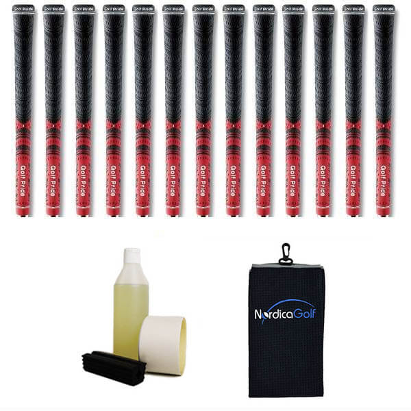 Golf Pride New Decade MultiCompound MCC Midsize Red - kit de 13 grips, caoutchouc pour étau, solvant, adhésif et serviette.