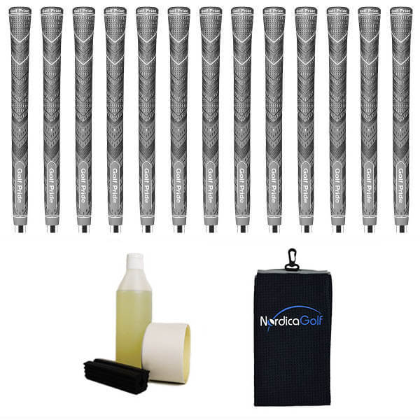 Golf Pride New Decade MultiCompound MCC Plus4 Grey - kit de 13 grips, caoutchouc pour étau, solvant, adhésif et serviette.