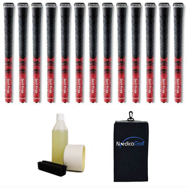 Golf Pride New Decade MultiCompound MCC Red - kit de 13 grips, caoutchouc pour étau, solvant, adhésif et serviette.