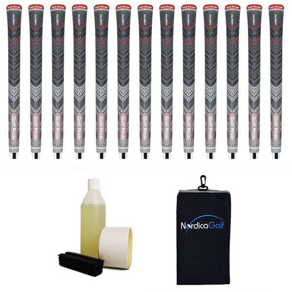 Golf Pride New Decade MultiCompound Plus4 ALIGN Gris Ribbed - kit de 13 grips, caoutchouc pour étau, solvant, adhésif et serviette.