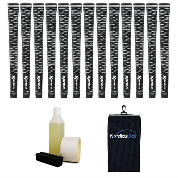 Karma Black/White Velvet Jumbo - kit de 13 grips, caoutchouc pour étau, solvant, adhésif et serviette.