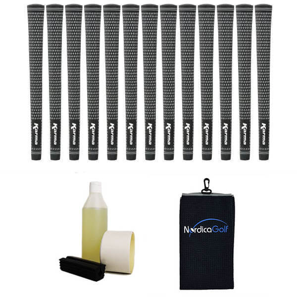 Karma Black/White Velvet Midsize - kit de 13 grips, caoutchouc pour étau, solvant, adhésif et serviette.