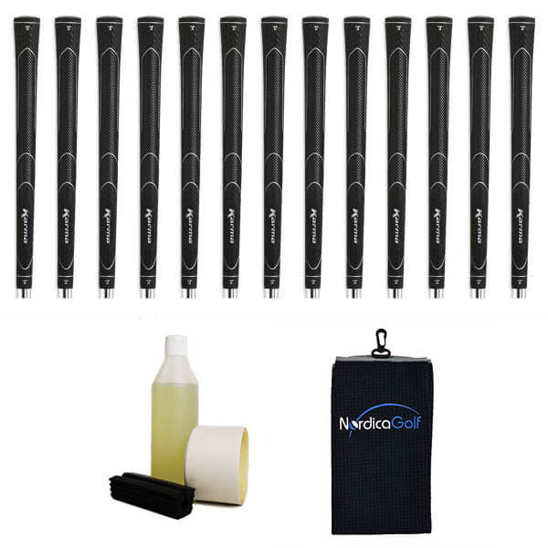 Karma Super Light Midsize Black Ribbed - kit de 13 grips, caoutchouc pour étau, solvant, adhésif et serviette.