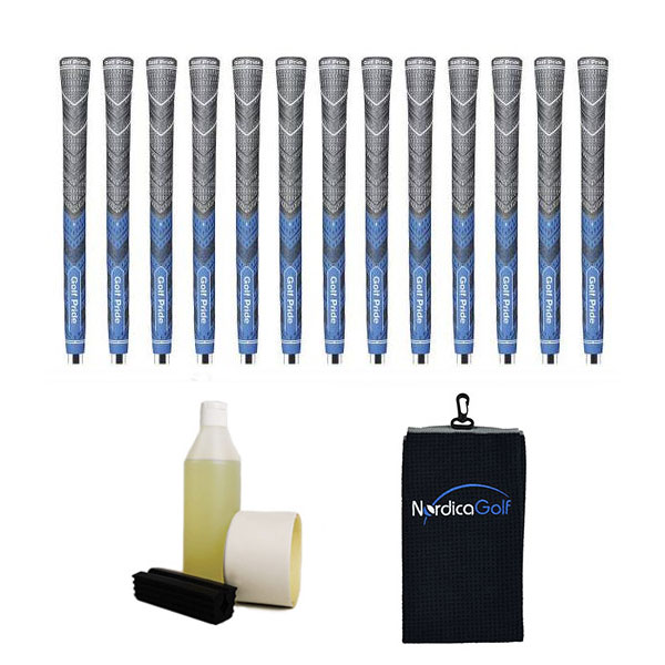 Golf Pride New Decade MultiCompound MCC Plus4 Blue - kit de 13 grips, caoutchouc pour étau, solvant, adhésif et serviette.