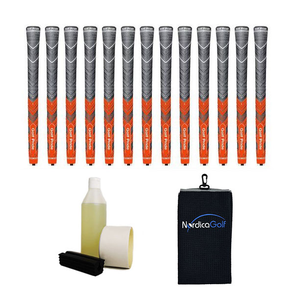Golf Pride New Decade MultiCompound MCC Plus4 Orange - kit de 13 grips, caoutchouc pour étau, solvant, adhésif et serviette.