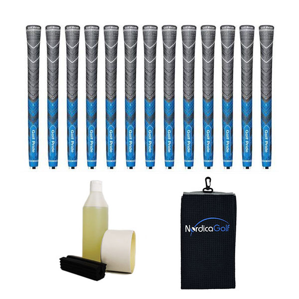 Golf Pride New Decade MultiCompound MCC Plus4 Midsize Blue - kit de 13 grips, caoutchouc pour étau, solvant, adhésif et serviette.