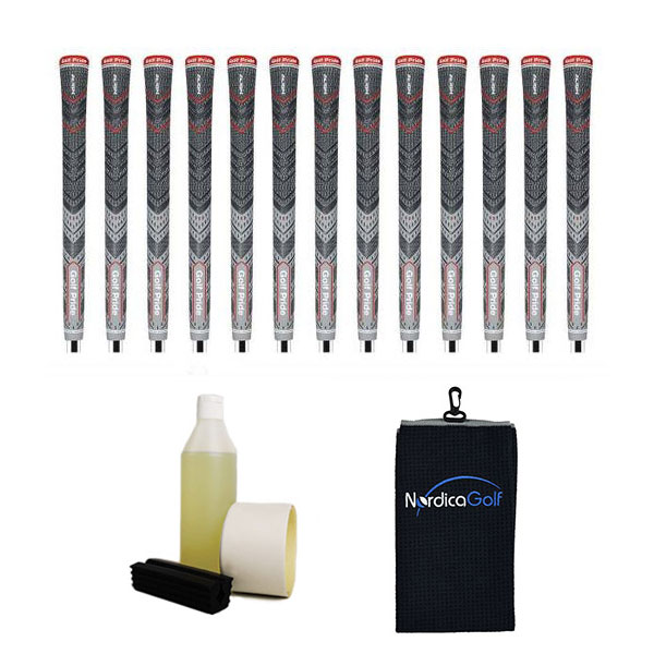 Golf Pride New Decade MultiCompound Plus4 ALIGN Midsize Gray Ribbed- kit de 13 grips, caoutchouc pour étau, solvant, adhésif et serviette.