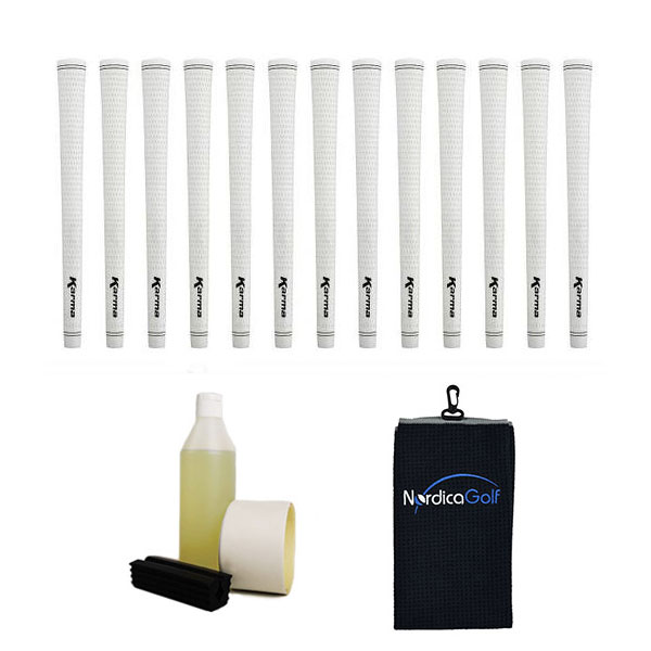 Karma White Velvet Midsize - kit de 13 grips, caoutchouc pour étau, solvant, adhésif et serviette.