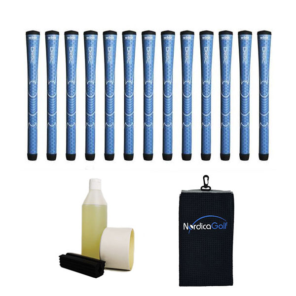Winn DriTac Junior Blue 0.550" - kit de 13 grips, caoutchouc pour étau, solvant, adhésif et serviette.